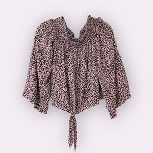 Free People Cheetah Print Blouse Pink Smocked Chiffon Tie NWT Womens Size Small